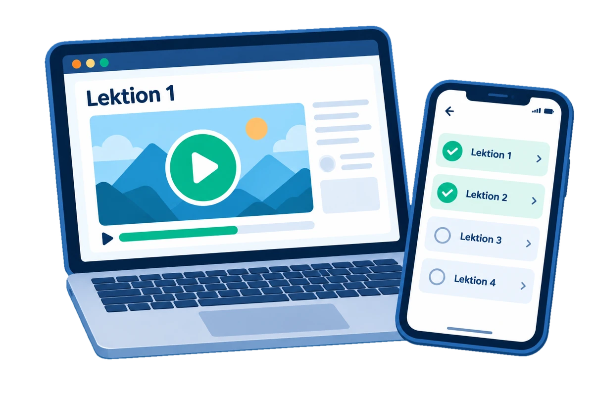 Laptop mit Lektion 1 im Videoplayer und Handy mit Lektionsliste, zwei Lektionen abgehakt