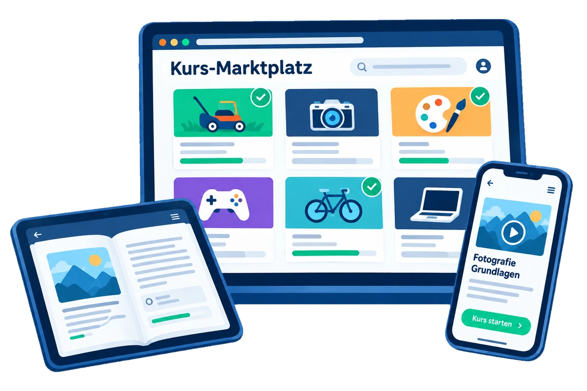 Kurs-Marktplatz mit geprüften Kursen auf dem Bildschirm, dazu ein E-Book auf dem Tablet und ein Kurs auf dem Handy